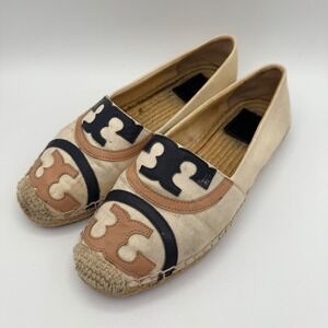 Tory‎ Burch Espadrille Flats Canvas Beige Navy Tan Logo Size 7M